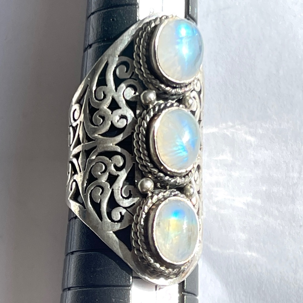 Beautiful Tri-Stone Moonstone Elaborate Sterling Silver Ring Nearly 1.5” tall